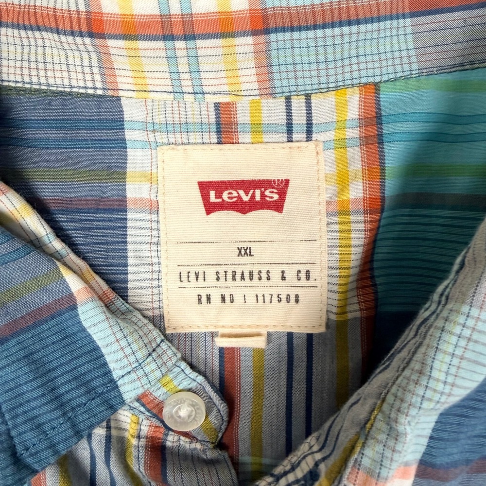 Levis Mens XXL Western Plaid Pearl Snap Button Shirt Blue Orange 2XL 3LYLW3302 - Picture 4 of 7